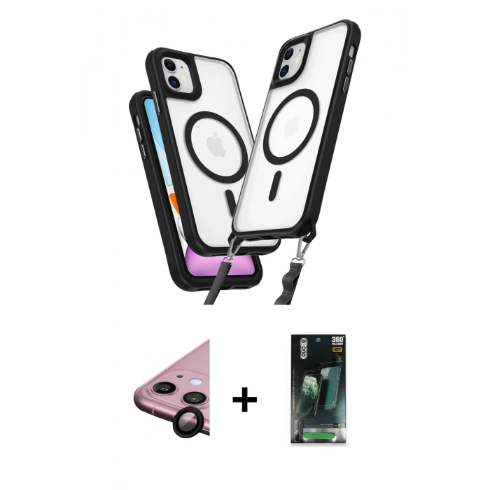 MARSİLYAN™- iPhone 11 Kılıf Atlas Doku Koleksiyonu - Siyah 360 Mat Full Body Arka Koruyucu + Raze Metal Kamera Lens - SH