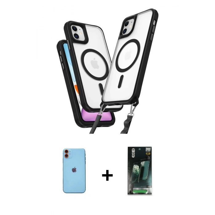 MARSİLYAN™- iPhone 11 Kılıf Atlas Doku Koleksiyonu - Siyah 360 Mat Full Body Arka Koruyucu + Neon Fosforlu Kamera Lens - TU
