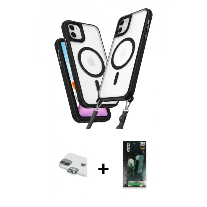 MARSİLYAN™- iPhone 11 Kılıf Atlas Doku Koleksiyonu - Siyah 360 Mat Full Body Arka Koruyucu + Pers Alüminyum Kamera Lens - YL