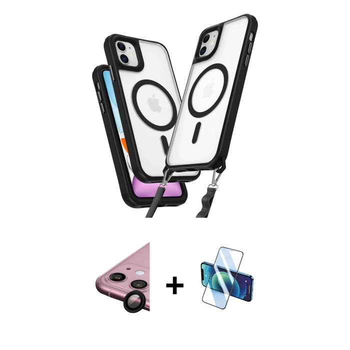 MARSİLYAN™- iPhone 11 Kılıf Atlas Doku Koleksiyonu - Siyah 3D Antistatik Cam Ekran Koruyucu + Raze Metal Kamera Lens - SH
