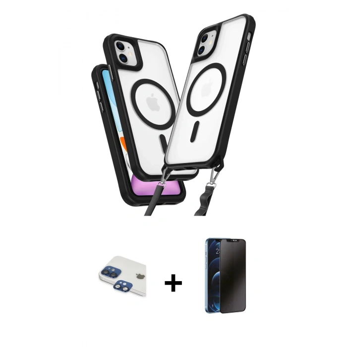 MARSİLYAN™- iPhone 11 Kılıf Atlas Doku Koleksiyonu - Siyah 3D Antistatik Hayalet Cam Ekran Koruyucu + Pers Alüminyum Kamera Lens - LT