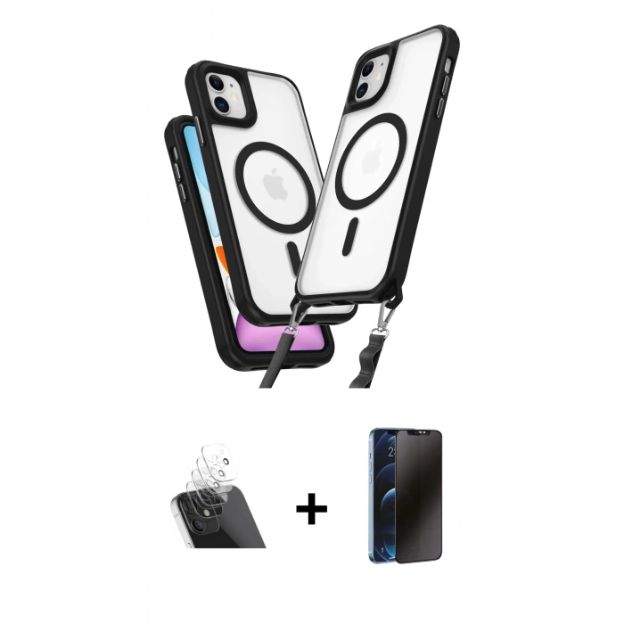 MARSİLYAN™- iPhone 11 Kılıf Atlas Doku Koleksiyonu - Siyah 3D Antistatik Hayalet Cam Ekran Koruyucu + Kamera Lens Koruma Cam - SF