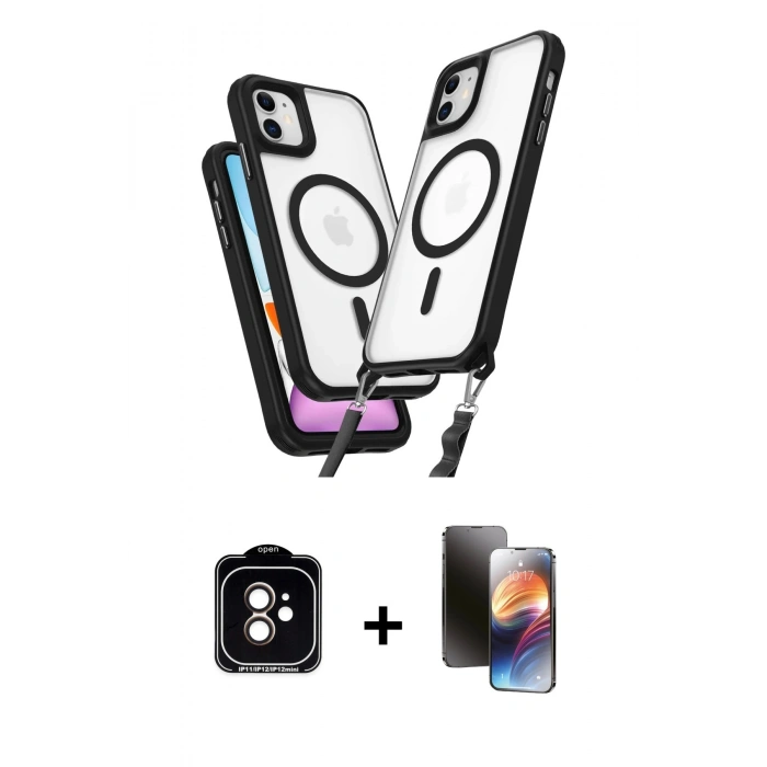 MARSİLYAN™- iPhone 11 Kılıf Atlas Doku Koleksiyonu - Siyah 3D Antistatik Mat Seramik Nano Ekran Koruyucu + PVD Metal Kamera Lens - TU