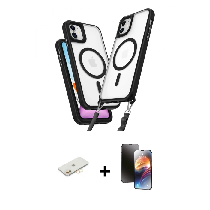 MARSİLYAN™- iPhone 11 Kılıf Atlas Doku Koleksiyonu - Siyah 3D Antistatik Mat Seramik Nano Ekran Koruyucu + Renkli Kamera Lens Koruma Cam - SI