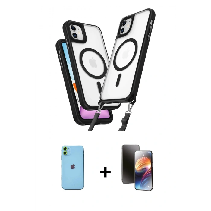 MARSİLYAN™- iPhone 11 Kılıf Atlas Doku Koleksiyonu - Siyah 3D Antistatik Mat Seramik Nano Ekran Koruyucu + Neon Fosforlu Kamera Lens - YL