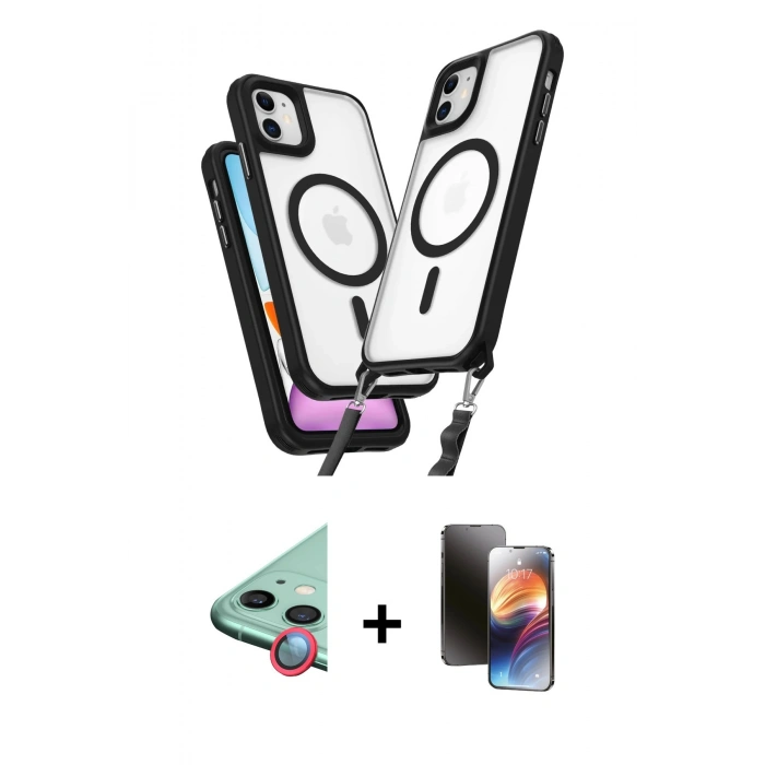 MARSİLYAN™- iPhone 11 Kılıf Atlas Doku Koleksiyonu - Siyah 3D Antistatik Mat Seramik Nano Ekran Koruyucu + Raze Metal Kamera Lens - KI