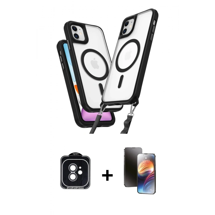 MARSİLYAN™- iPhone 11 Kılıf Atlas Doku Koleksiyonu - Siyah 3D Antistatik Mat Seramik Nano Ekran Koruyucu + PVD Metal Kamera Lens - SH