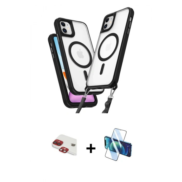 MARSİLYAN™- iPhone 11 Kılıf Atlas Doku Koleksiyonu - Siyah 3D Antistatik Seramik Nano Ekran Koruyucu + Pers Alüminyum Kamera Lens - KI