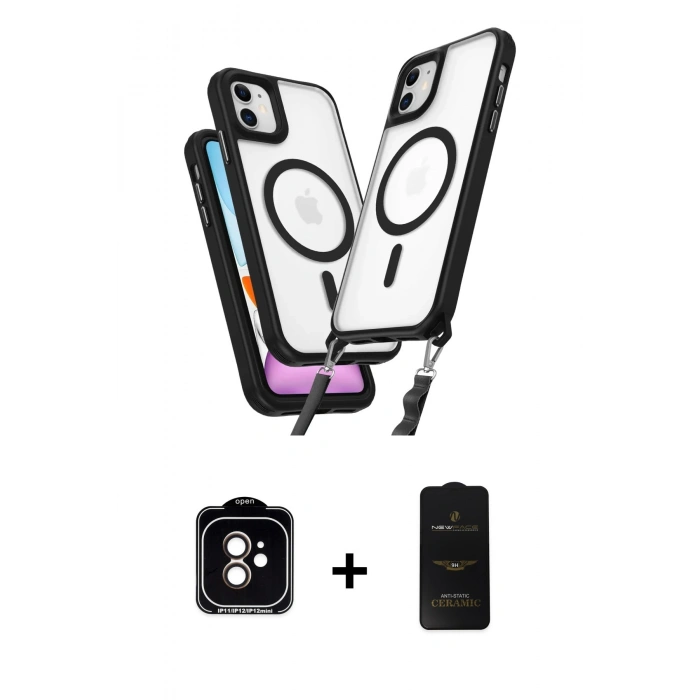 MARSİLYAN™- iPhone 11 Kılıf Atlas Doku Koleksiyonu - Siyah 6D Antistatik Mat Seramik Hayalet Nano Ekran Koruyucu + PVD Metal Kamera Lens - TU