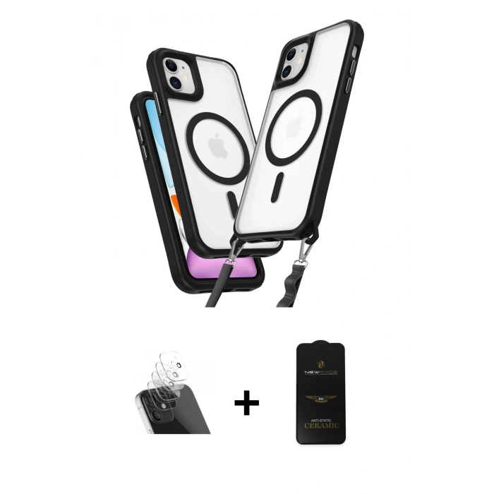 MARSİLYAN™- iPhone 11 Kılıf Atlas Doku Koleksiyonu - Siyah 6D Antistatik Mat Seramik Hayalet Nano Ekran Koruyucu + Kamera Lens Koruma Cam - SF