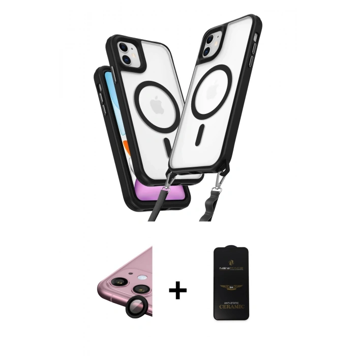 MARSİLYAN™- iPhone 11 Kılıf Atlas Doku Koleksiyonu - Siyah 6D Antistatik Mat Seramik Hayalet Nano Ekran Koruyucu + Raze Metal Kamera Lens - SH