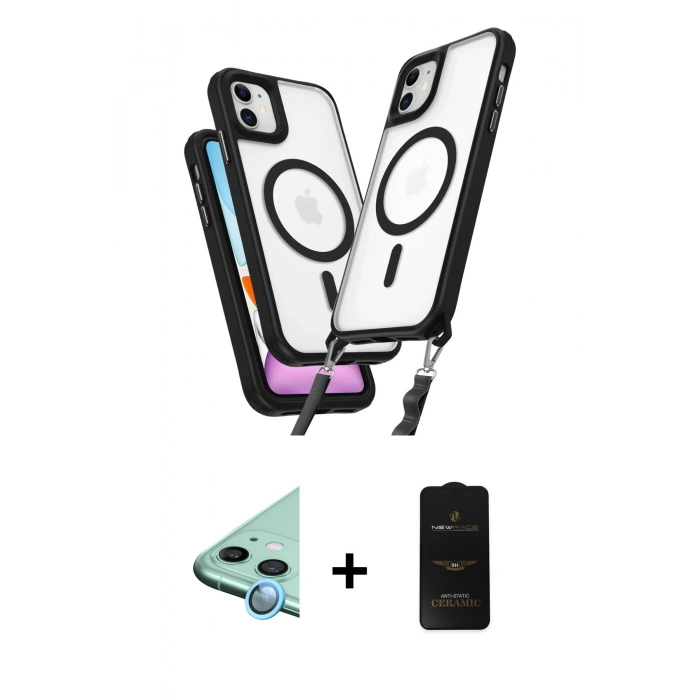 MARSİLYAN™- iPhone 11 Kılıf Atlas Doku Koleksiyonu - Siyah 6D Antistatik Mat Seramik Hayalet Nano Ekran Koruyucu + Raze Metal Kamera Lens - MI