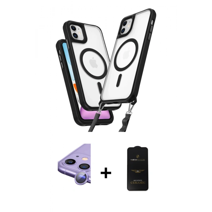MARSİLYAN™- iPhone 11 Kılıf Atlas Doku Koleksiyonu - Siyah 6D Antistatik Mat Seramik Hayalet Nano Ekran Koruyucu + Raze Metal Kamera Lens - MR