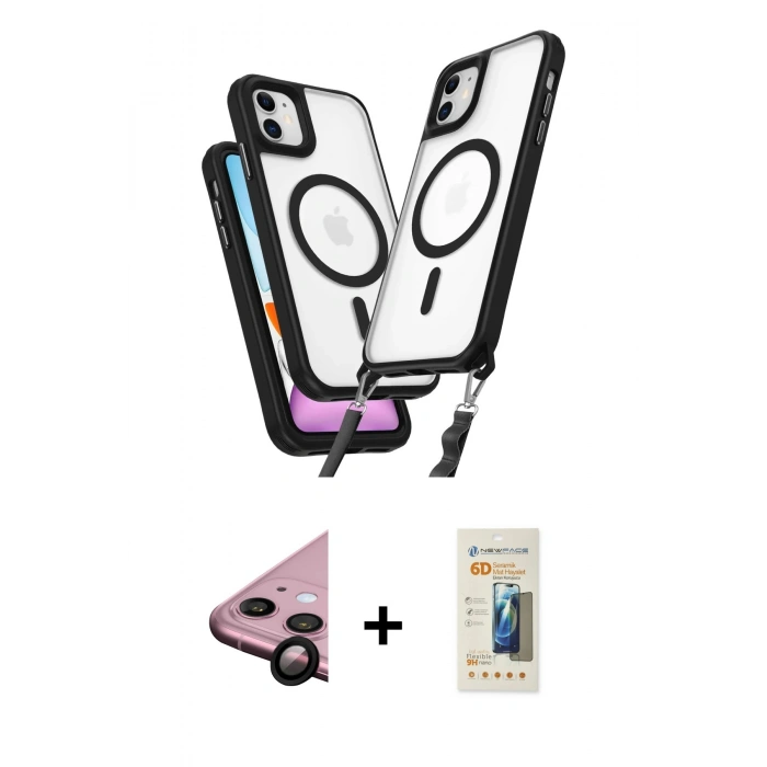 MARSİLYAN™- iPhone 11 Kılıf Atlas Doku Koleksiyonu - Siyah 6D Mat Seramik Hayalet Nano Ekran Koruyucu + Raze Metal Kamera Lens - SH