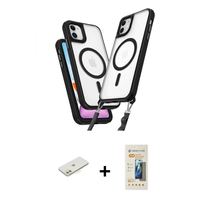MARSİLYAN™- iPhone 11 Kılıf Atlas Doku Koleksiyonu - Siyah 6D Mat Seramik Hayalet Nano Ekran Koruyucu + Renkli Kamera Lens Koruma Cam - TU