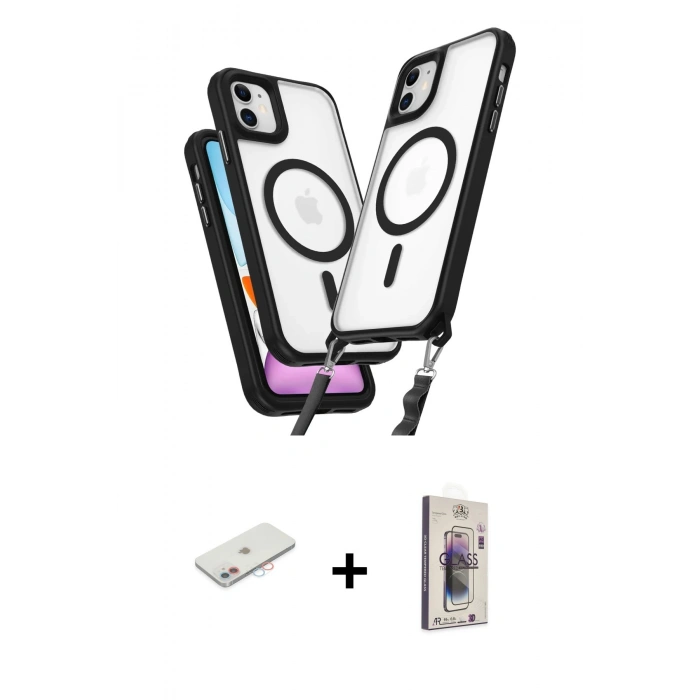MARSİLYAN™- iPhone 11 Kılıf Atlas Doku Koleksiyonu - Siyah Bilvis 3D Cam Ekran Koruyucu + Renkli Kamera Lens Koruma Cam - PE