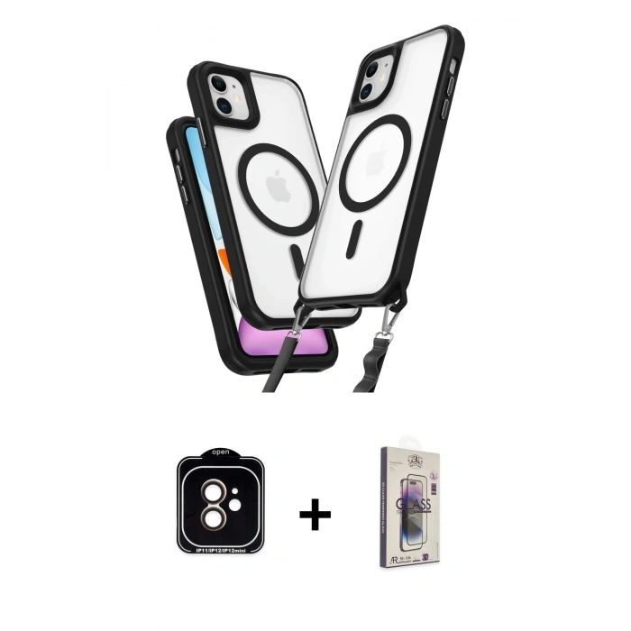 MARSİLYAN™- iPhone 11 Kılıf Atlas Doku Koleksiyonu - Siyah Bilvis 3D Cam Ekran Koruyucu + PVD Metal Kamera Lens - TU