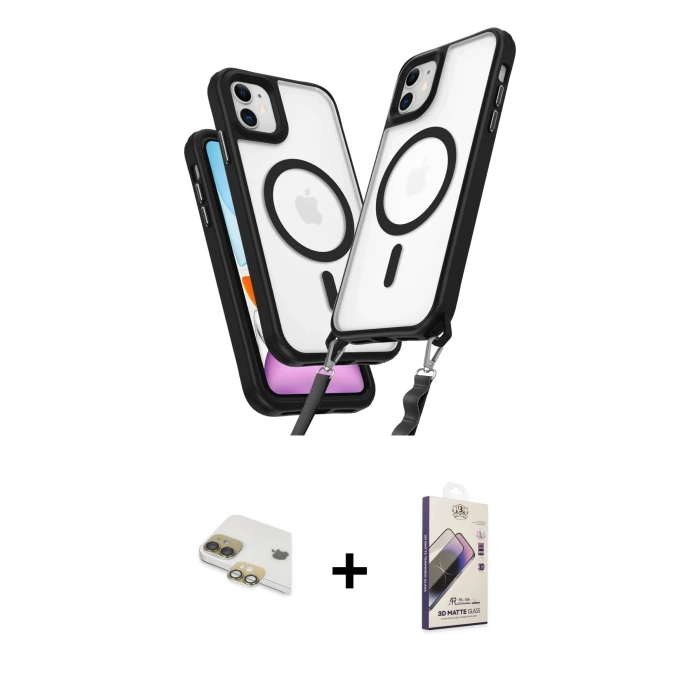 MARSİLYAN™- iPhone 11 Kılıf Atlas Doku Koleksiyonu - Siyah Bilvis 3D Mat Cam Ekran Koruyucu + Pers Alüminyum Kamera Lens - GD