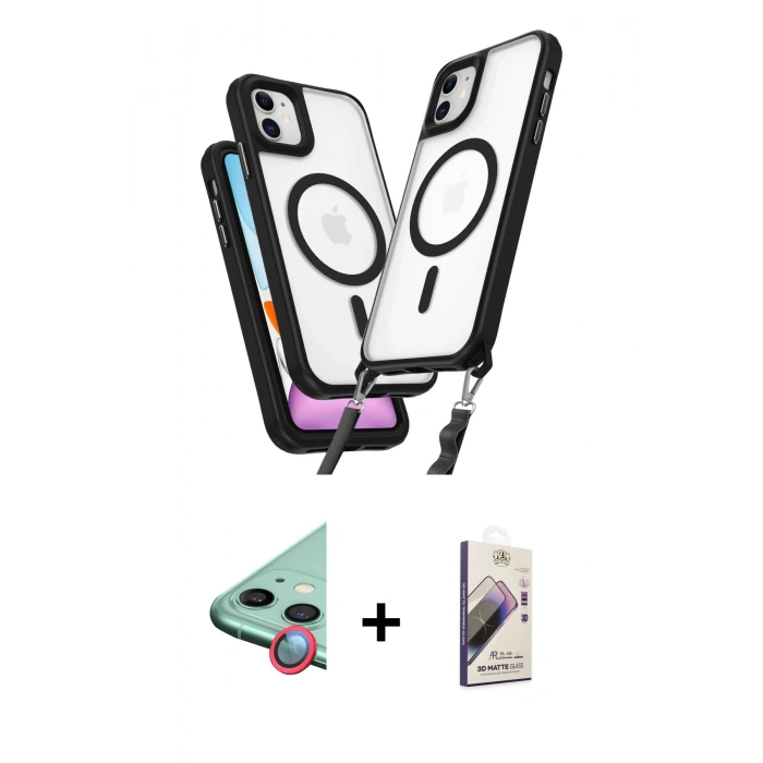MARSİLYAN™- iPhone 11 Kılıf Atlas Doku Koleksiyonu - Siyah Bilvis 3D Mat Cam Ekran Koruyucu + Raze Metal Kamera Lens - KI