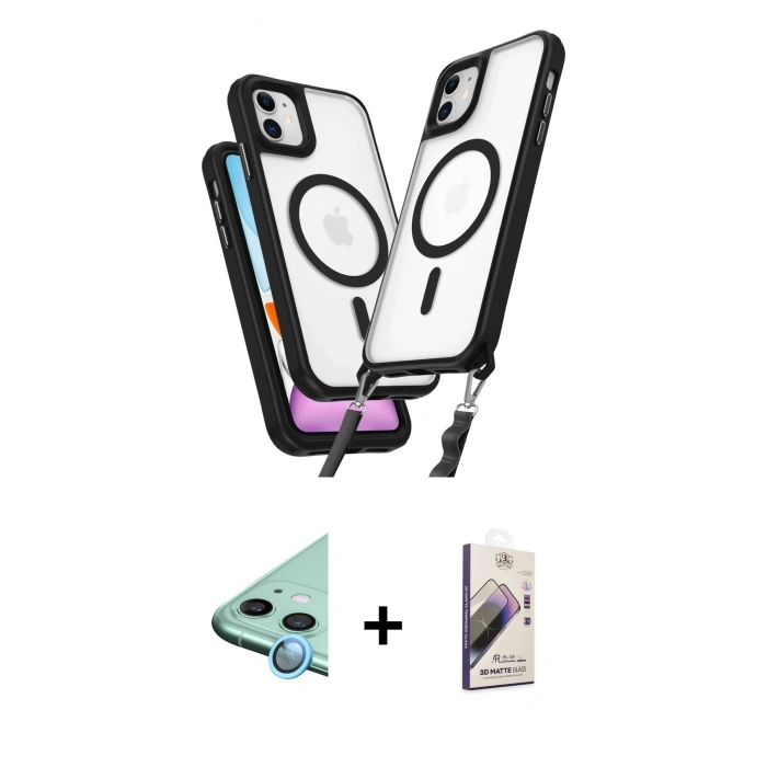 MARSİLYAN™- iPhone 11 Kılıf Atlas Doku Koleksiyonu - Siyah Bilvis 3D Mat Cam Ekran Koruyucu + Raze Metal Kamera Lens - MI
