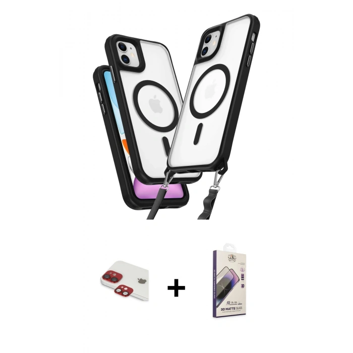 MARSİLYAN™- iPhone 11 Kılıf Atlas Doku Koleksiyonu - Siyah Bilvis 3D Mat Cam Ekran Koruyucu + Pers Alüminyum Kamera Lens - KI