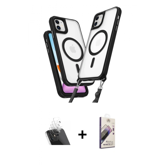 MARSİLYAN™- iPhone 11 Kılıf Atlas Doku Koleksiyonu - Siyah Bilvis 3D Mat Cam Ekran Koruyucu + Kamera Lens Koruma Cam - SF