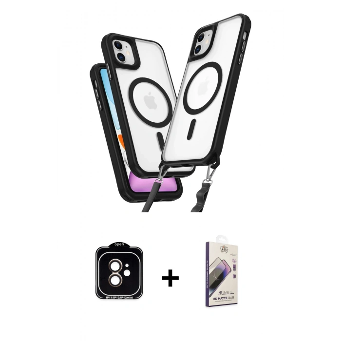 MARSİLYAN™- iPhone 11 Kılıf Atlas Doku Koleksiyonu - Siyah Bilvis 3D Mat Cam Ekran Koruyucu + PVD Metal Kamera Lens - TU