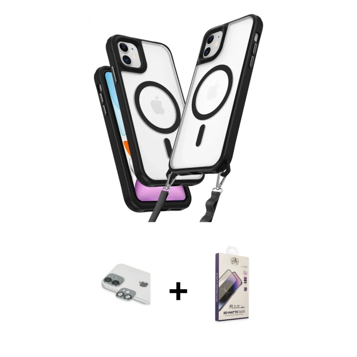 MARSİLYAN™- iPhone 11 Kılıf Atlas Doku Koleksiyonu - Siyah Bilvis 3D Mat Cam Ekran Koruyucu + Pers Alüminyum Kamera Lens - YL