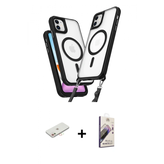 MARSİLYAN™- iPhone 11 Kılıf Atlas Doku Koleksiyonu - Siyah Bilvis 3D Mat Cam Ekran Koruyucu + Renkli Kamera Lens Koruma Cam - YL