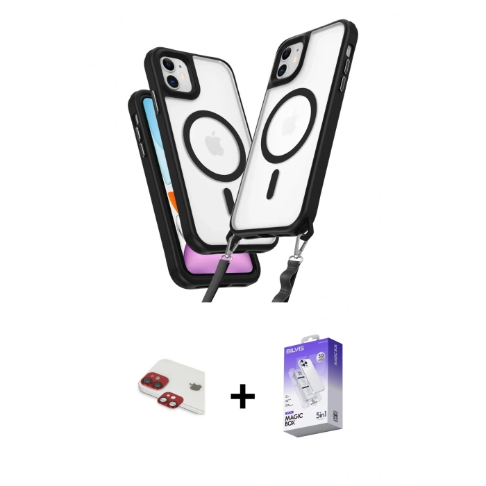 MARSİLYAN™- iPhone 11 Kılıf Atlas Doku Koleksiyonu - Siyah Bilvis 5in1 3D Magic Cam Ekran Koruyucu + Pers Alüminyum Kamera Lens - KI