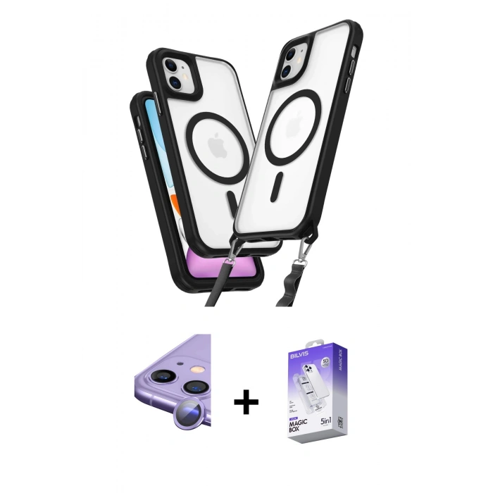 MARSİLYAN™- iPhone 11 Kılıf Atlas Doku Koleksiyonu - Siyah Bilvis 5in1 3D Magic Cam Ekran Koruyucu + Raze Metal Kamera Lens - MR