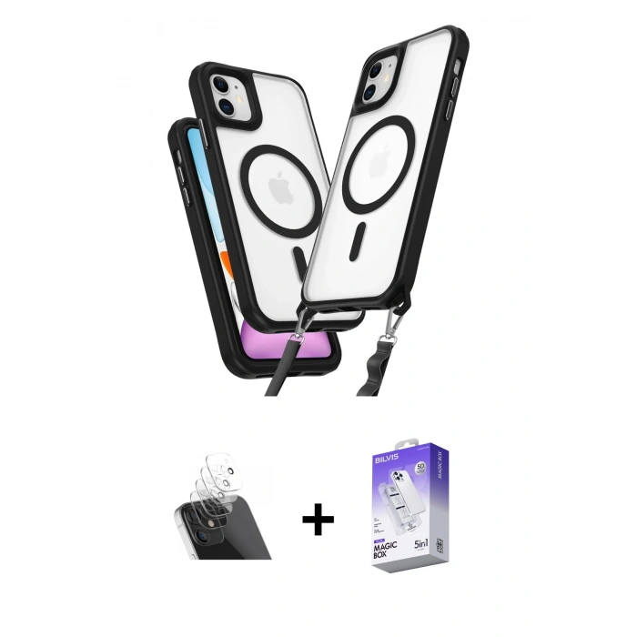 MARSİLYAN™- iPhone 11 Kılıf Atlas Doku Koleksiyonu - Siyah Bilvis 5in1 3D Magic Cam Ekran Koruyucu + Şeffaf Kamera Lens Koruma Cam