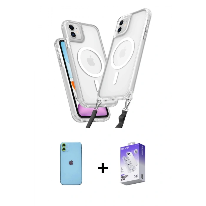 MARSİLYAN™- iPhone 11 Kılıf Atlas Doku Koleksiyonu - Siyah Bilvis 5in1 3D Magic Cam Ekran Koruyucu + Neon Fosforlu Kamera Lens - YL
