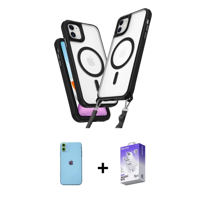 MARSİLYAN™- iPhone 11 Kılıf Atlas Doku Koleksiyonu - Siyah Bilvis 5in1 3D Magic Cam Ekran Koruyucu + Neon Fosforlu Kamera Lens - YL