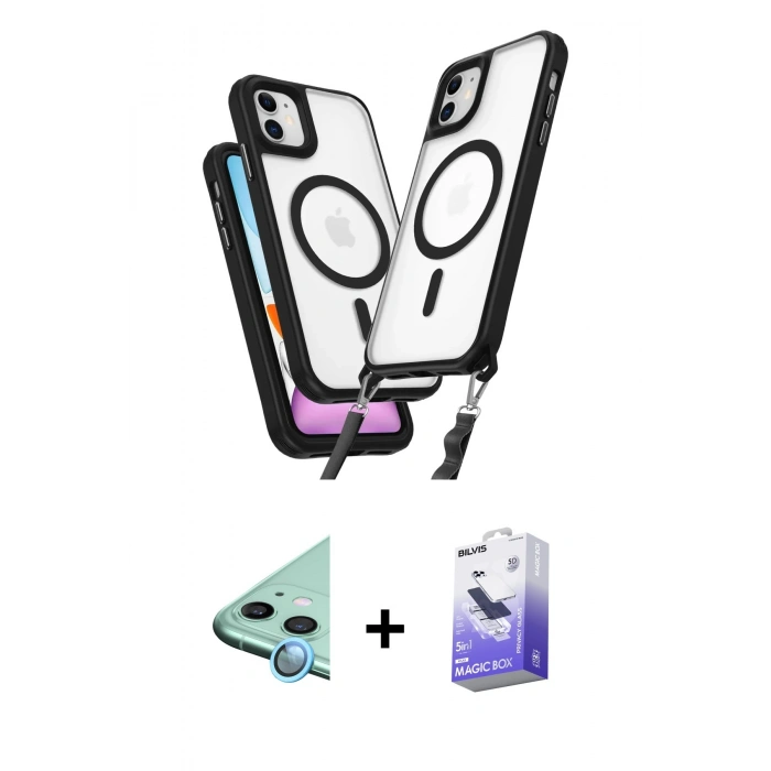 MARSİLYAN™- iPhone 11 Kılıf Atlas Doku Koleksiyonu - Siyah Bilvis 5in1 5D Magic Hayalet Cam Ekran Koruyucu + Raze Metal Kamera Lens - MI