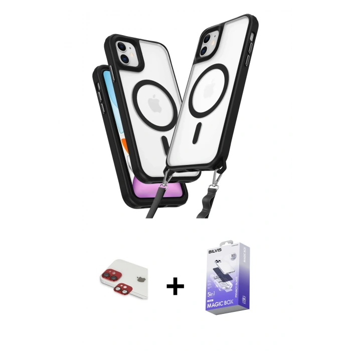 MARSİLYAN™- iPhone 11 Kılıf Atlas Doku Koleksiyonu - Siyah Bilvis 5in1 5D Magic Hayalet Cam Ekran Koruyucu + Pers Alüminyum Kamera Lens - KI