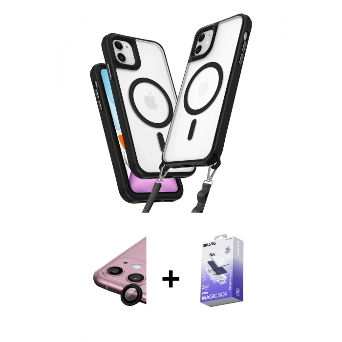 MARSİLYAN™- iPhone 11 Kılıf Atlas Doku Koleksiyonu - Siyah Bilvis 5in1 5D Magic Hayalet Cam Ekran Koruyucu + Raze Metal Kamera Lens - SH