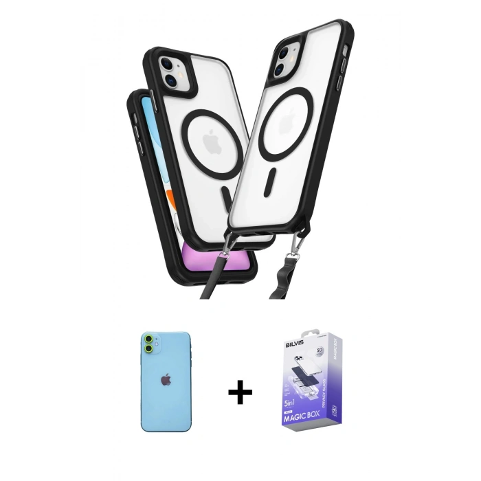 MARSİLYAN™- iPhone 11 Kılıf Atlas Doku Koleksiyonu - Siyah Bilvis 5in1 5D Magic Hayalet Cam Ekran Koruyucu + Neon Fosforlu Kamera Lens - YL