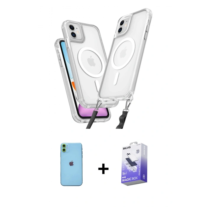 MARSİLYAN™- iPhone 11 Kılıf Atlas Doku Koleksiyonu - Siyah Bilvis 5in1 5D Magic Hayalet Cam Ekran Koruyucu + Neon Fosforlu Kamera Lens - YL