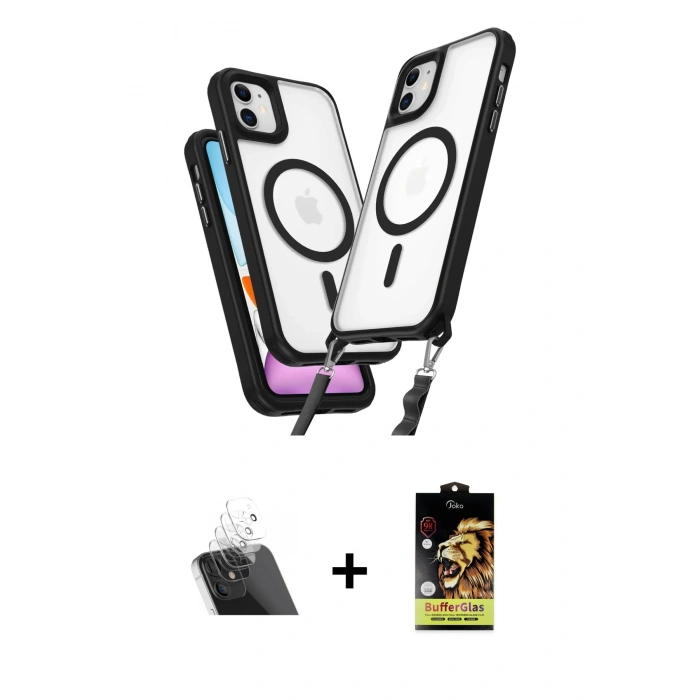 MARSİLYAN™- iPhone 11 Kılıf Atlas Doku Koleksiyonu - Siyah Buffer Cam Ekran Koruyucu + Kamera Lens Koruma Cam - SF