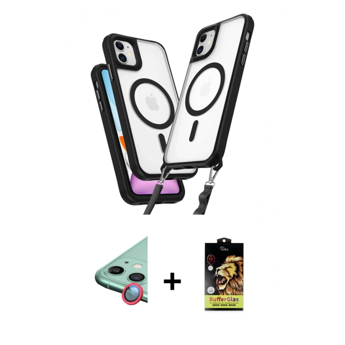 MARSİLYAN™- iPhone 11 Kılıf Atlas Doku Koleksiyonu - Siyah Buffer Cam Ekran Koruyucu + Raze Metal Kamera Lens - KI