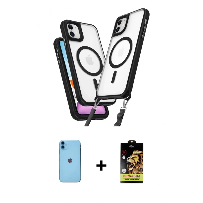 MARSİLYAN™- iPhone 11 Kılıf Atlas Doku Koleksiyonu - Siyah Buffer Cam Ekran Koruyucu + Neon Fosforlu Kamera Lens - MI