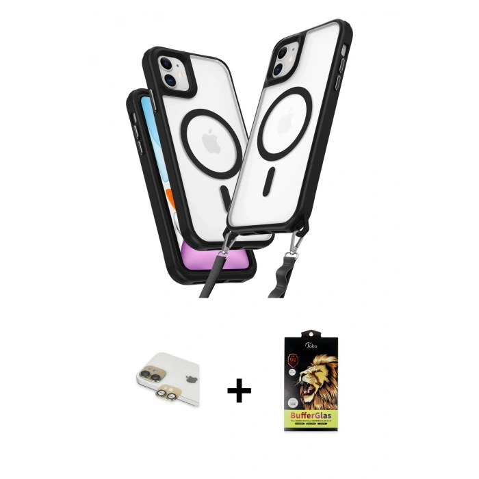 MARSİLYAN™- iPhone 11 Kılıf Atlas Doku Koleksiyonu - Siyah Buffer Cam Ekran Koruyucu + Pers Alüminyum Kamera Lens - GD
