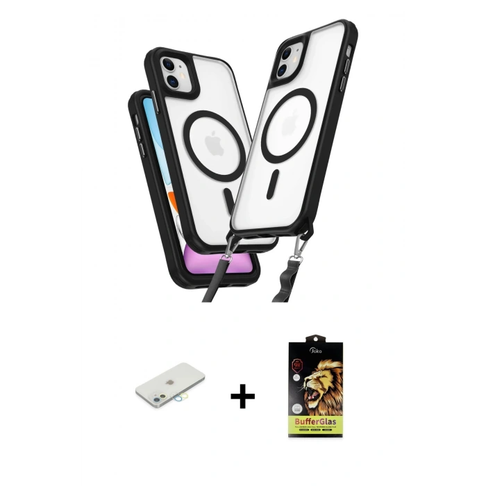 MARSİLYAN™- iPhone 11 Kılıf Atlas Doku Koleksiyonu - Siyah Buffer Cam Ekran Koruyucu + Renkli Kamera Lens Koruma Cam - SI