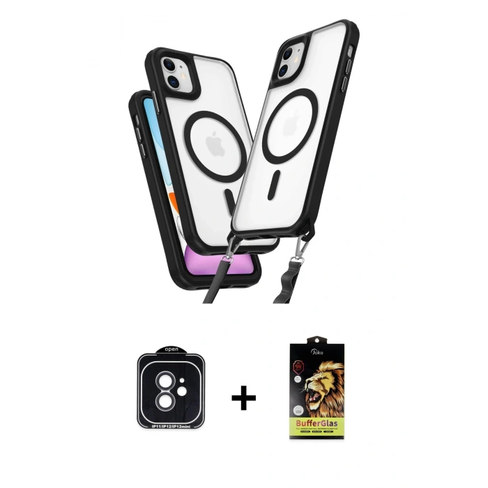 MARSİLYAN™- iPhone 11 Kılıf Atlas Doku Koleksiyonu - Siyah Buffer Cam Ekran Koruyucu + PVD Metal Kamera Lens - SH