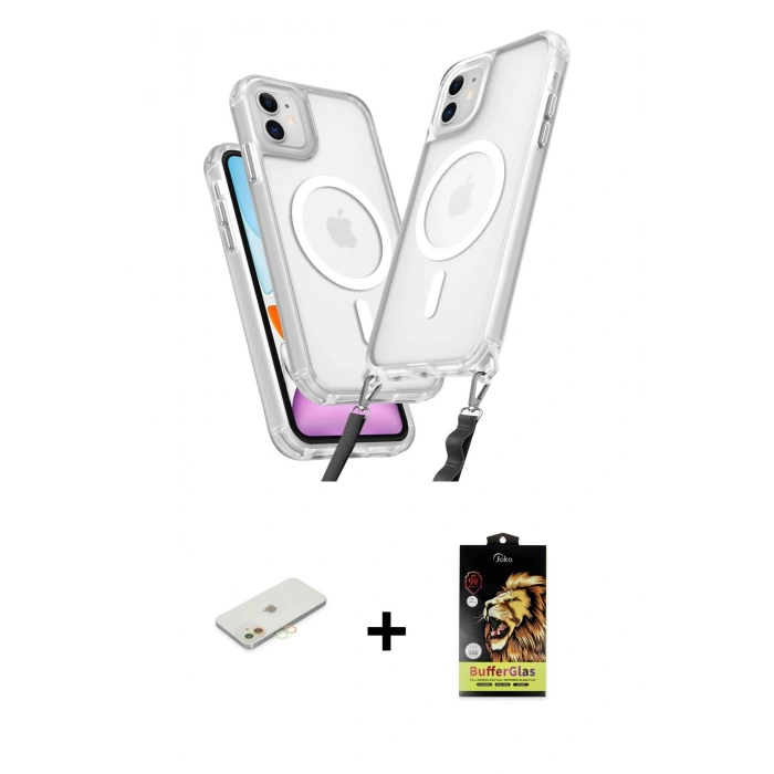 MARSİLYAN™- iPhone 11 Kılıf Atlas Doku Koleksiyonu - Siyah Buffer Cam Ekran Koruyucu + Turuncu Renkli Kamera Lens Koruma Cam