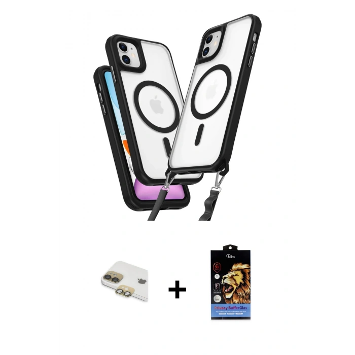 MARSİLYAN™- iPhone 11 Kılıf Atlas Doku Koleksiyonu - Siyah Buffer Hayalet Cam Ekran Koruyucu + Gold Pers Alüminyum Kamera Lens