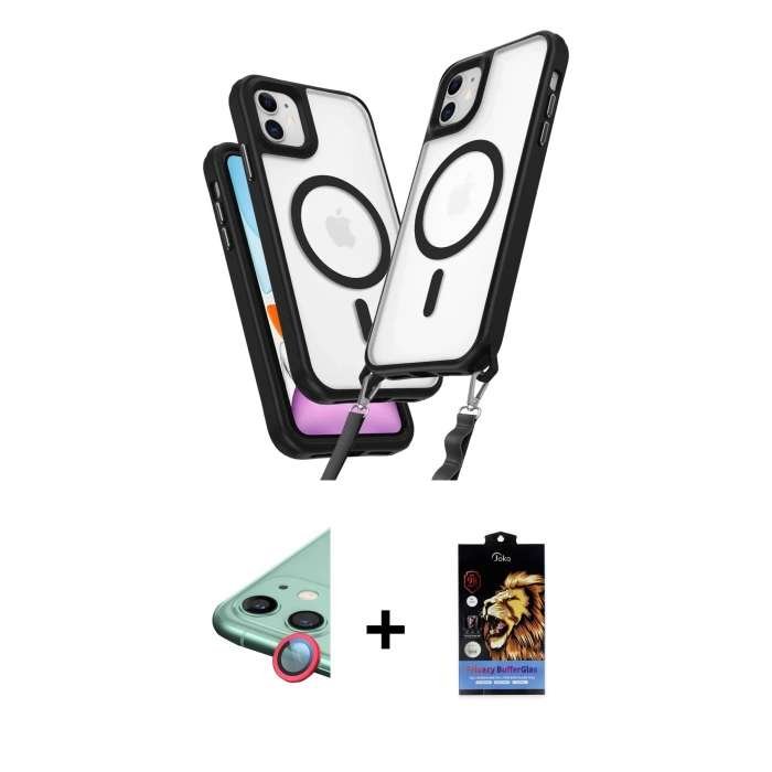 MARSİLYAN™- iPhone 11 Kılıf Atlas Doku Koleksiyonu - Siyah Buffer Hayalet Cam Ekran Koruyucu + Raze Metal Kamera Lens - KI