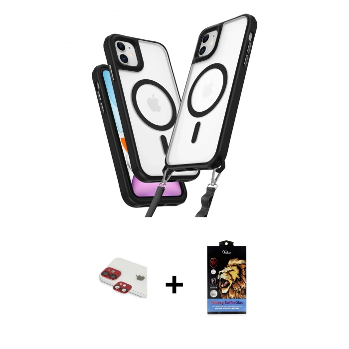 MARSİLYAN™- iPhone 11 Kılıf Atlas Doku Koleksiyonu - Siyah Buffer Hayalet Cam Ekran Koruyucu + Pers Alüminyum Kamera Lens - KI