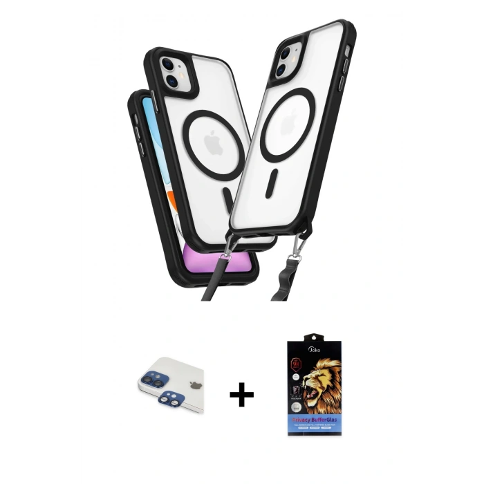 MARSİLYAN™- iPhone 11 Kılıf Atlas Doku Koleksiyonu - Siyah Buffer Hayalet Cam Ekran Koruyucu + Pers Alüminyum Kamera Lens - LT